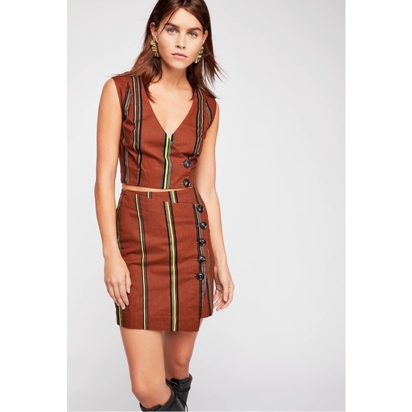 Free People 2 Pc Brown Stripe Sleeveless Top Three Button Mini Skirt Set Sz 10 - Picture 1 of 14